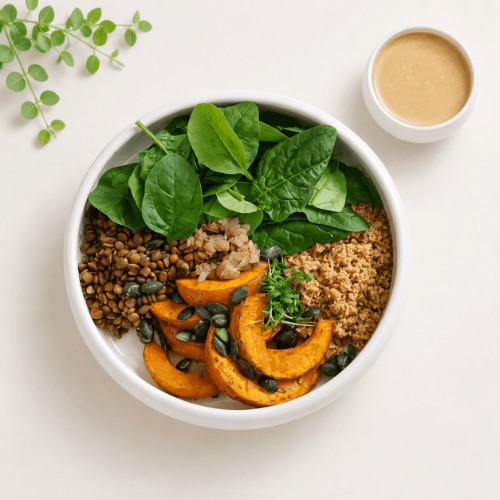 Vegane Winter Bowl mit saisonalem Gemüse, pflanzlichem Protein, Getreide und Nüssen für eine ausgewogene, nährstoffreiche Ernährung