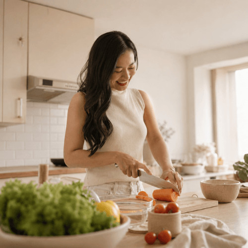 Frau im Alltag, die unter Mental Load steht und Schwierigkeiten hat, sich regelmäßig und gesund zu ernähren. Helle, natürliche Darstellung von Frauengesundheit, Ernährung, Stress und Alltagsbelastung. Symbolische Darstellung dafür, wie Erschöpfung, Decision Fatigue und mentale Last gesunde Ernährung im Alltag beeinflussen.