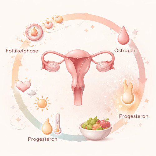 Illustration zum weiblichen Zyklus, die hormonelle Abläufe und Zyklusphasen zeigt und erklärt, wie Hormone Stimmung, Energie und Körperempfinden beeinflussen.