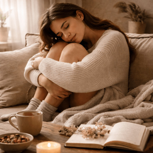 Ruhiges, feminines Bild, das den weiblichen Zyklus, hormonelle Veränderungen und das innere Erleben in der Lutealphase symbolisiert.