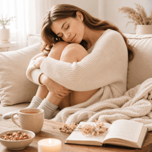 Ruhiges, feminines Bild, das den weiblichen Zyklus, hormonelle Veränderungen und das innere Erleben in der Lutealphase symbolisiert.