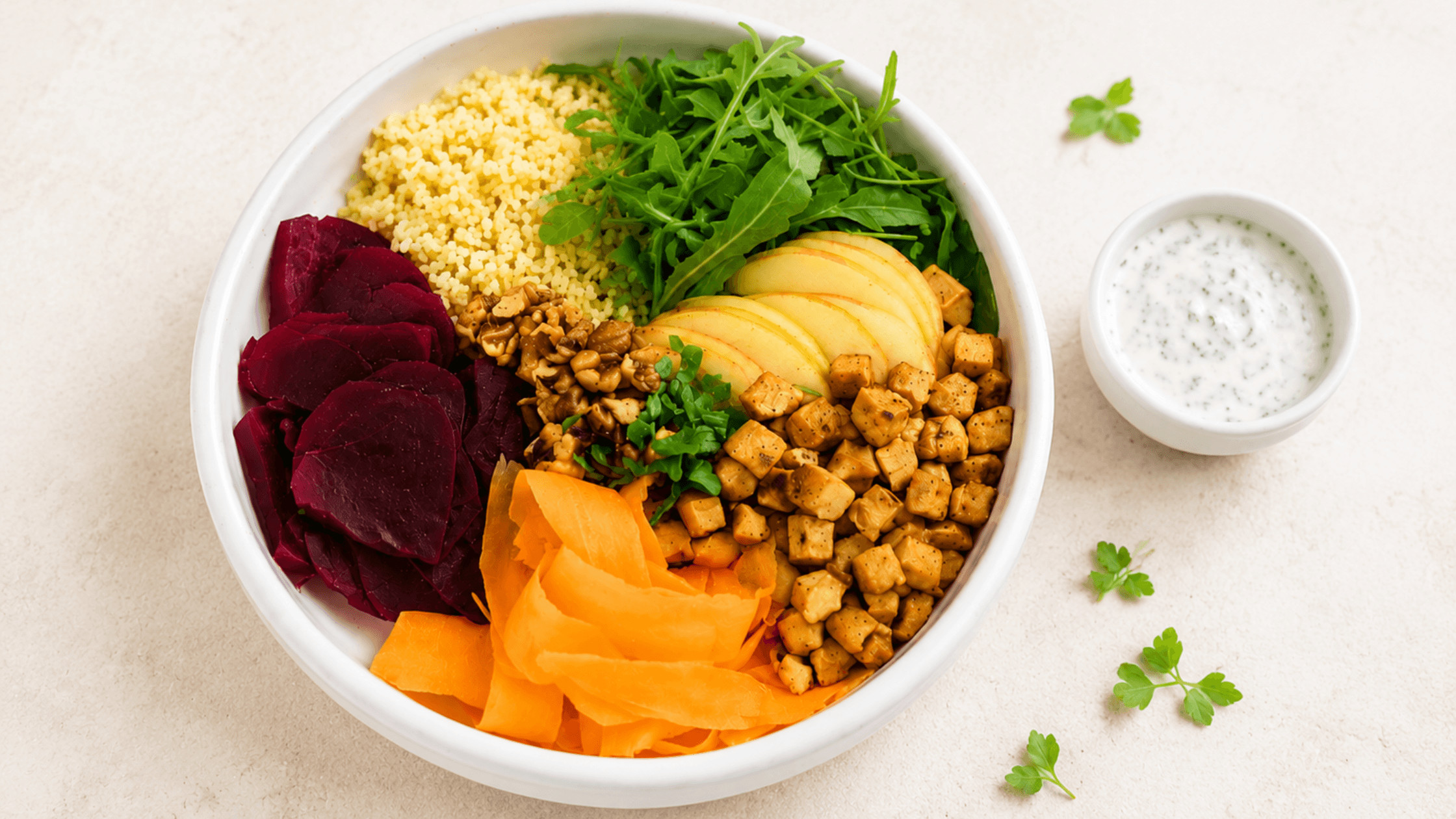 Rote-Bete-Hirse-Bowl – vegane Winterbowl mit Roter Bete, Hirse, Apfel und Nüssen, wärmend, eisenreich und alltagstauglich