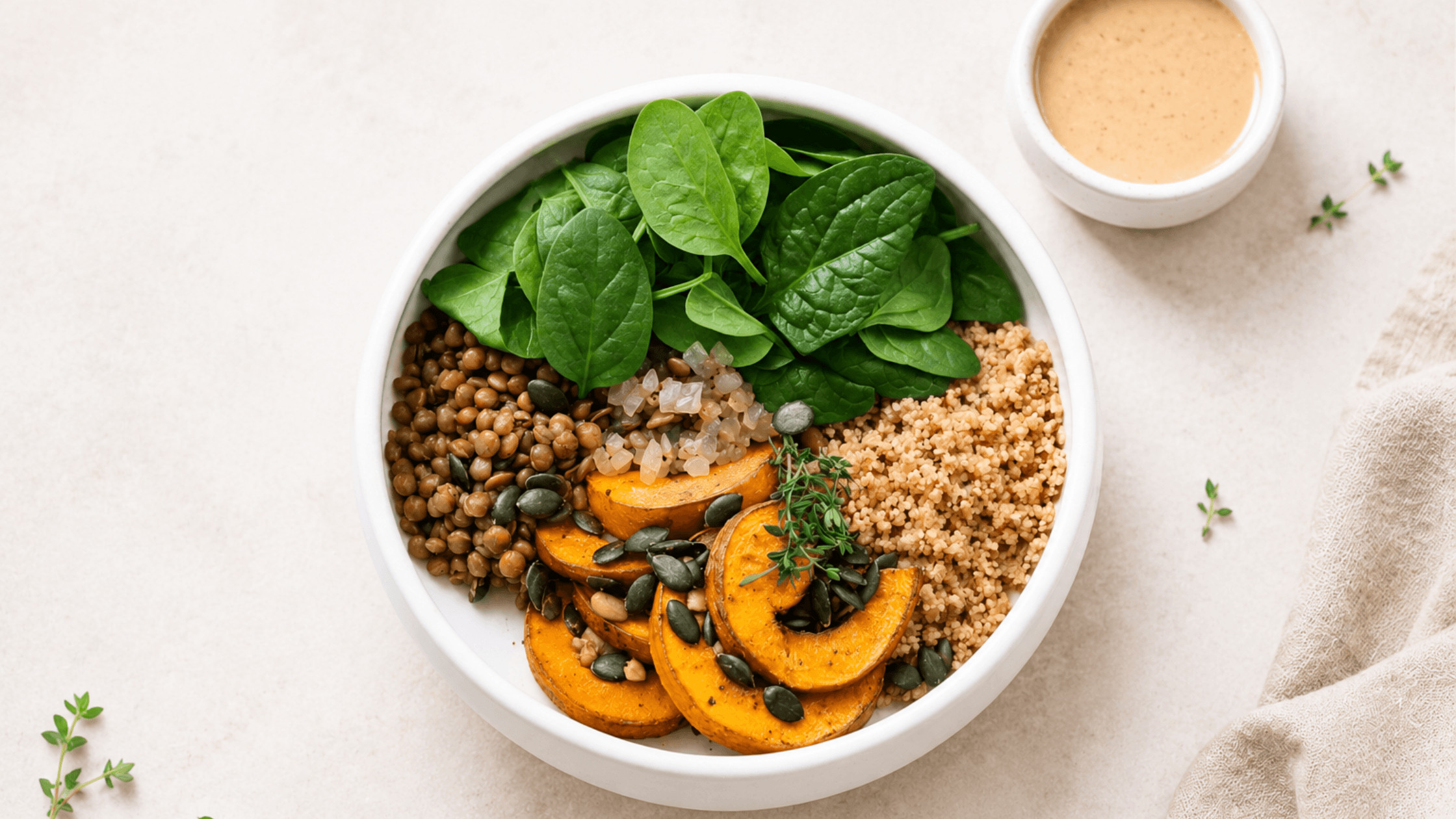 Wärmende vegane Bowl mit Ofenkürbis, Linsen und nährstoffreichen Zutaten, ideal für stabile Energie, Blutzuckerbalance und hormonfreundliche Ernährung.