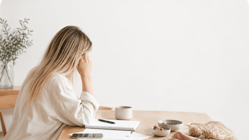 Frau im Alltag, die unter Mental Load steht und Schwierigkeiten hat, sich regelmäßig und gesund zu ernähren. Helle, natürliche Darstellung von Frauengesundheit, Ernährung, Stress und Alltagsbelastung. Symbolische Darstellung dafür, wie Erschöpfung, Decision Fatigue und mentale Last gesunde Ernährung im Alltag beeinflussen.