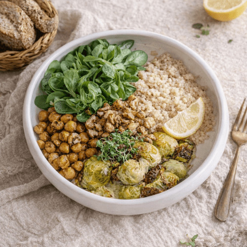 Vegane Rosenkohl-Quinoa-Bowl mit Kichererbsen, Walnüssen und Ahorn-Senf-Dressing, warm angerichtet