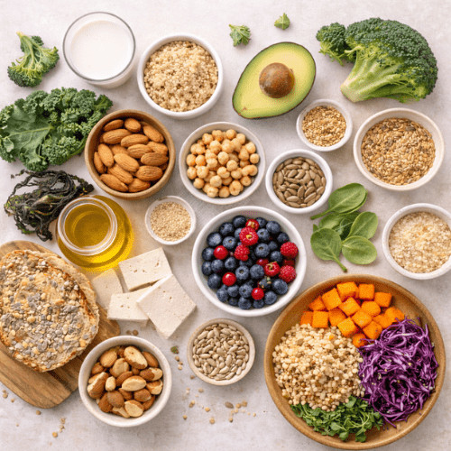 Vegane Lebensmittel mit wichtigen Nährstoffen für Frauen wie Eisen, Omega-3, Calcium und Vitamine – natürlich, ausgewogen und alltagstauglich.