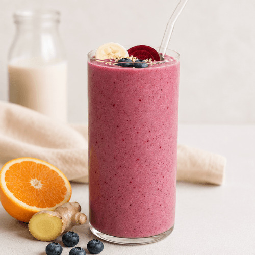 Hormonfreundliche Smoothies für jede Zyklusphase mit nährstoffreichen Zutaten wie Beeren, Kakao, Kiwi, Haferflocken und Joghurt. Blutzuckerfreundliche vegane Smoothie Rezepte für Menstruation, Follikelphase, Eisprung und Lutealphase.