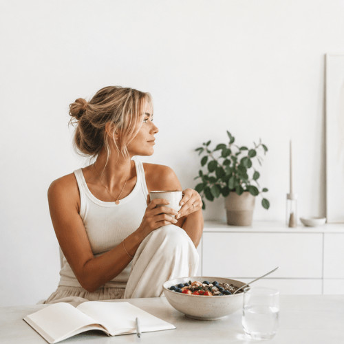 Frau mit blondem Haar sitzt entspannt in einer hellen minimalistischen Wohnung mit einer Tasse Tee oder Kaffee in der Hand. Eine Schüssel mit pflanzenbasierter Mahlzeit steht auf dem Tisch, während sie einen ruhigen Moment im Alltag genießt.