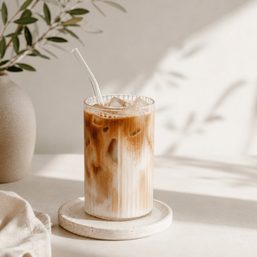 Iced Lupinenkaffee mit Kokosdrink als cremige koffeinfreie Kaffee Alternative für warme Tage.