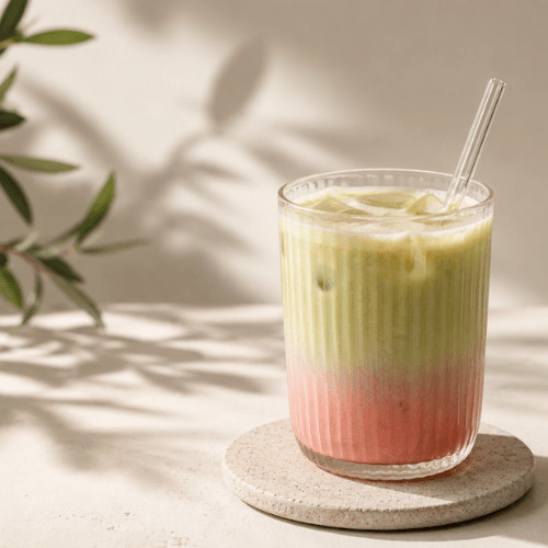 Cremiger Hagebutten Latte mit Pflanzenmilch als fruchtige Kaffee Alternative.
