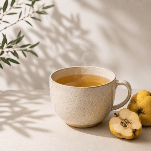 Warmer Quittentee mit Ingwer als wohltuende koffeinfreie Kaffee Alternative.