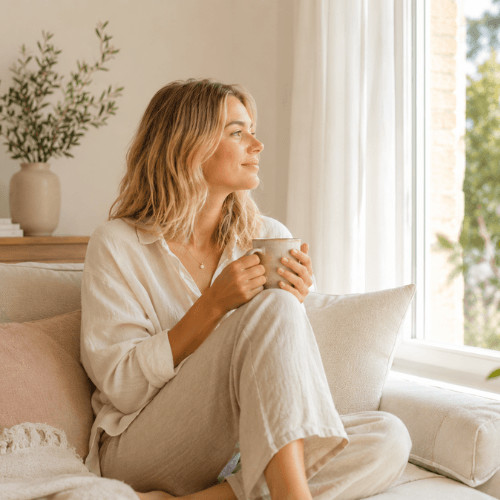 Entspannte Frau mit einer Tasse Tee auf dem Sofa – Symbol für Wohlbefinden und einen gesunden Darm.