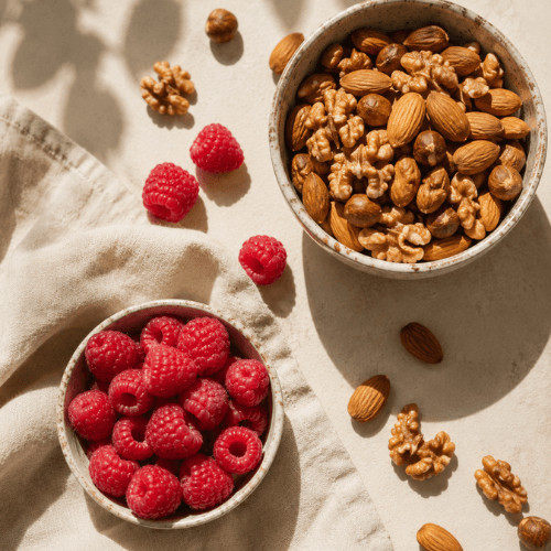 Himbeeren, Walnüsse und Mandeln in Keramikschalen – ballaststoffreiche Lebensmittel für eine gesunde Darmflora.