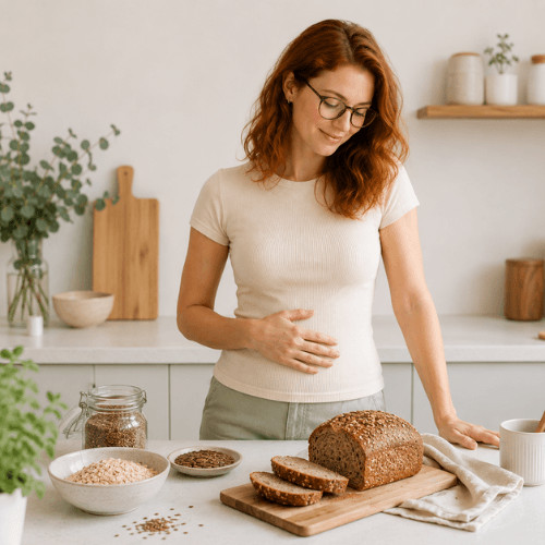 Frau in heller Küche mit ballaststoffreichem Vollkornbrot und Leinsamen für eine darmfreundliche Ernährung.