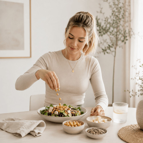 Frau ergänzt einen Salat mit Kichererbsen, Tofu und Hanfsamen für mehr pflanzliches Protein