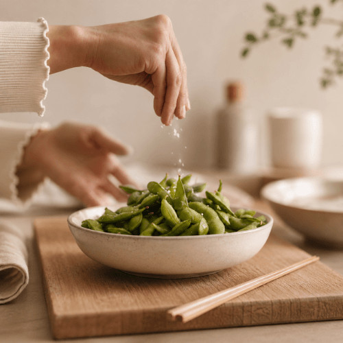 Edamame werden als proteinreicher Snack mit Salz gewürzt.