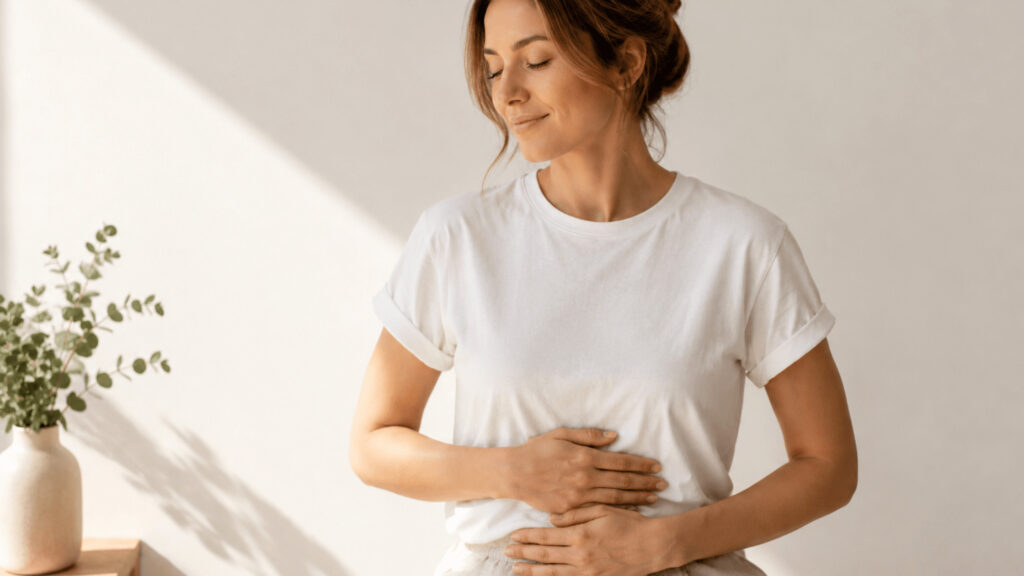 Frau hält entspannt ihre Hände auf den Bauch – Symbolbild für Darmgesundheit, Wohlbefinden und eine ballaststoffreiche Ernährung.