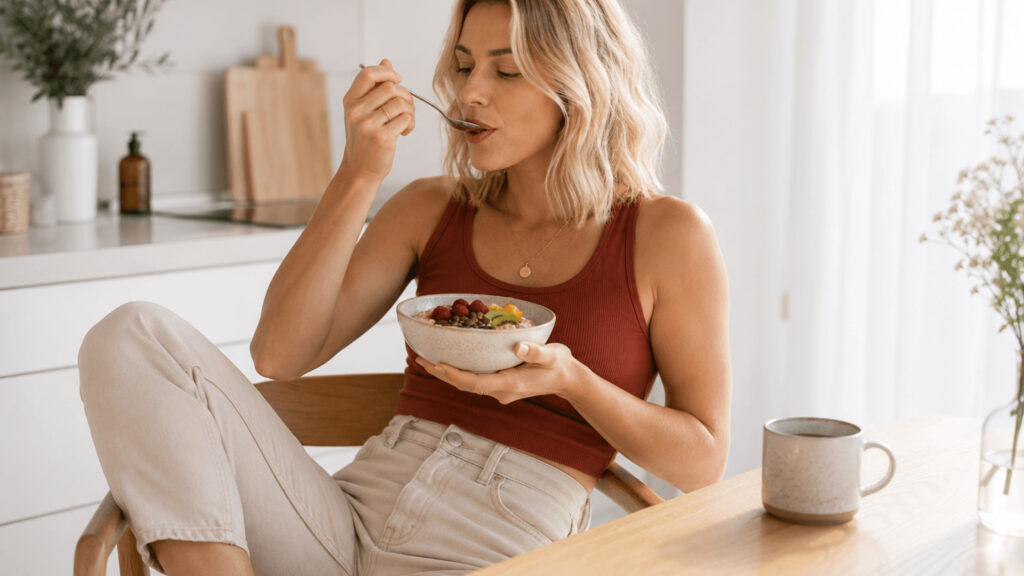 Frau genießt in einer hellen Küche ein Frühstück mit Haferflocken, Beeren, Kürbiskernen und Kiwi – eine alltagstaugliche, eisenreiche Mahlzeit für einen energiereichen Start in den Tag.