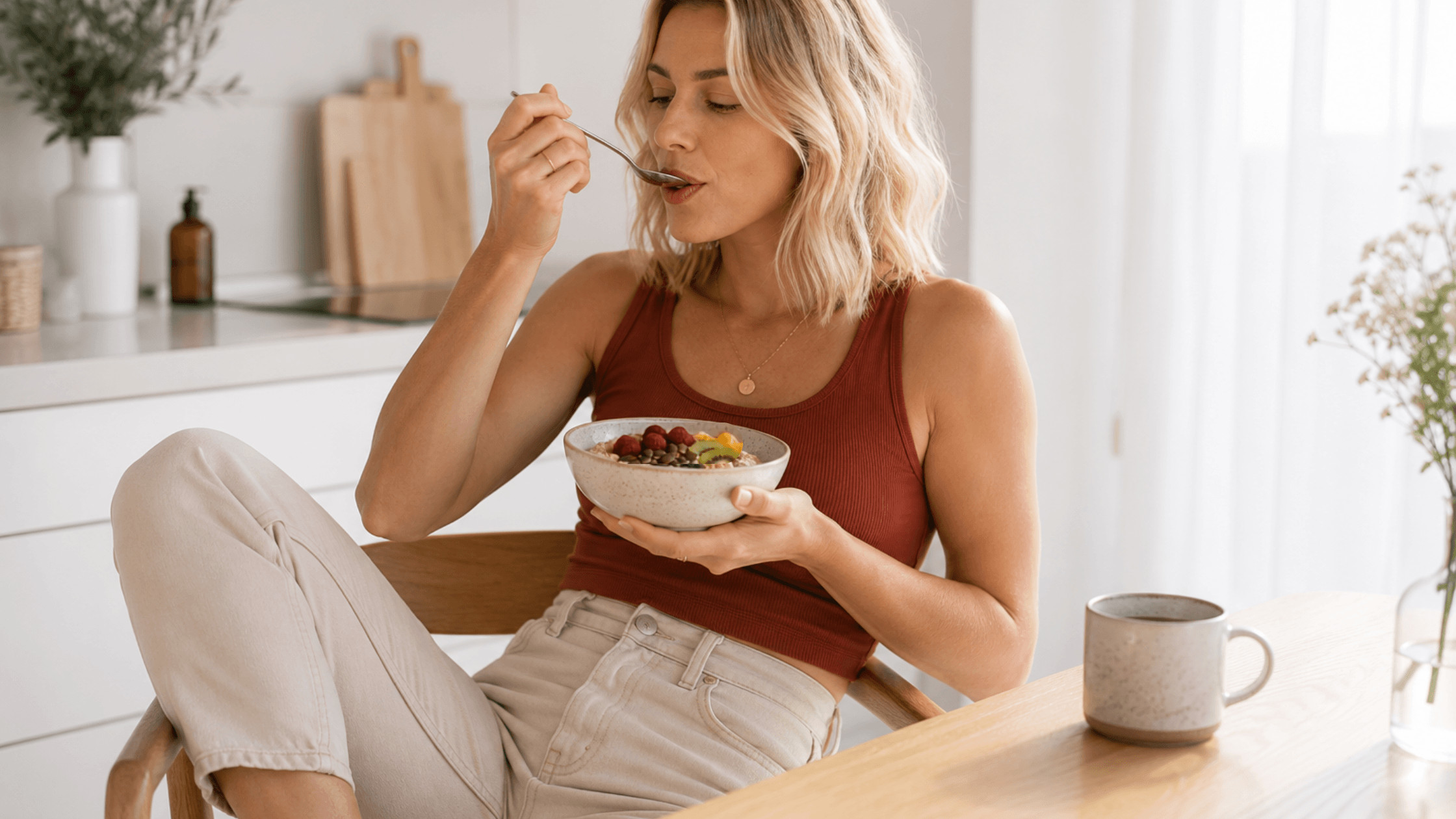 Frau genießt in einer hellen Küche ein Frühstück mit Haferflocken, Beeren, Kürbiskernen und Kiwi – eine alltagstaugliche, eisenreiche Mahlzeit für einen energiereichen Start in den Tag.