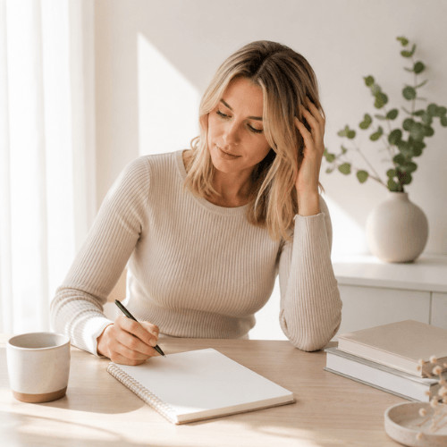 Blonde Frau mit halblangen glatten Haaren sitzt nachdenklich an einem hellen Tisch und macht sich Notizen in einem leeren Notizblock. Minimalistische, helle Umgebung mit Wasserglas und Büchern ohne Beschriftung.
