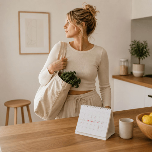 Frau mit Einkaufstasche in einer hellen Küche neben einem Kalender – ein alltagsnahes Bild für die verschiedenen Lebensphasen und den erhöhten Eisenbedarf von Frauen.
