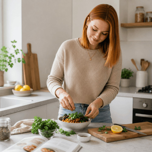 Frau mit roten, schulterlangen Haaren bereitet in einer hellen Küche eine eisenreiche Mahlzeit mit Hülsenfrüchten, Gemüse und frischen Kräutern zu.