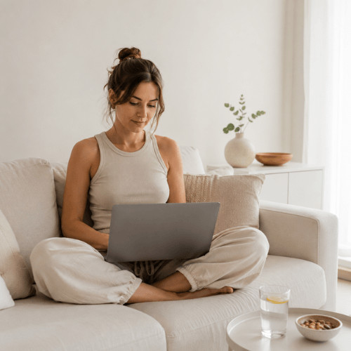 Frau im Schneidersitz auf einer hellen Couch mit Laptop auf dem Schoß, trägt ein ärmelloses Tanktop und eine weite Ballonhose in einem modernen, minimalistischen Wohnzimmer.