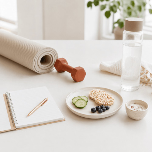 Kleine Mahlzeit mit Reiswaffeln, Gurke und Beeren neben Yogamatte, Hantel und Wasserflasche nach dem Training.