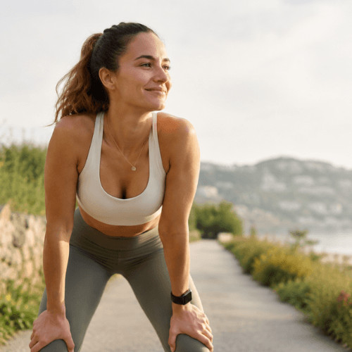 Sporternährung für Frauen: Aktive Frau macht nach dem Joggen eine Pause und sammelt neue Energie für Regeneration und Leistung.