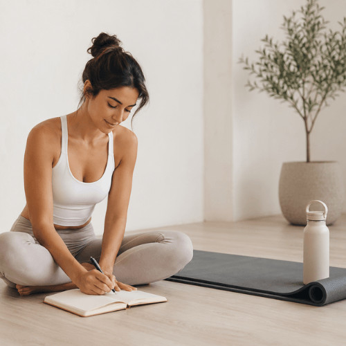 Sportliche Frau notiert nach einer Yogaeinheit ihre Energie, Ernährung und ihr Wohlbefinden in einem Journal.