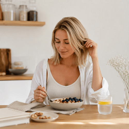 Blonde Frau mit halblangen Haaren sitzt entspannt am Esstisch und genießt ein pflanzliches Frühstück mit Haferflocken, Beeren und Nüssen in einer hellen, minimalistischen Küche.