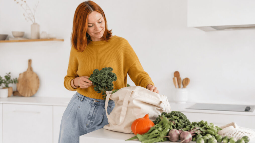 Frau mit roten halblangen Haaren räumt in einer hellen modernen Küche saisonales Wintergemüse wie Grünkohl, Rote Bete, Rosenkohl und Kürbis aus einer Stofftasche auf die Kücheninsel.