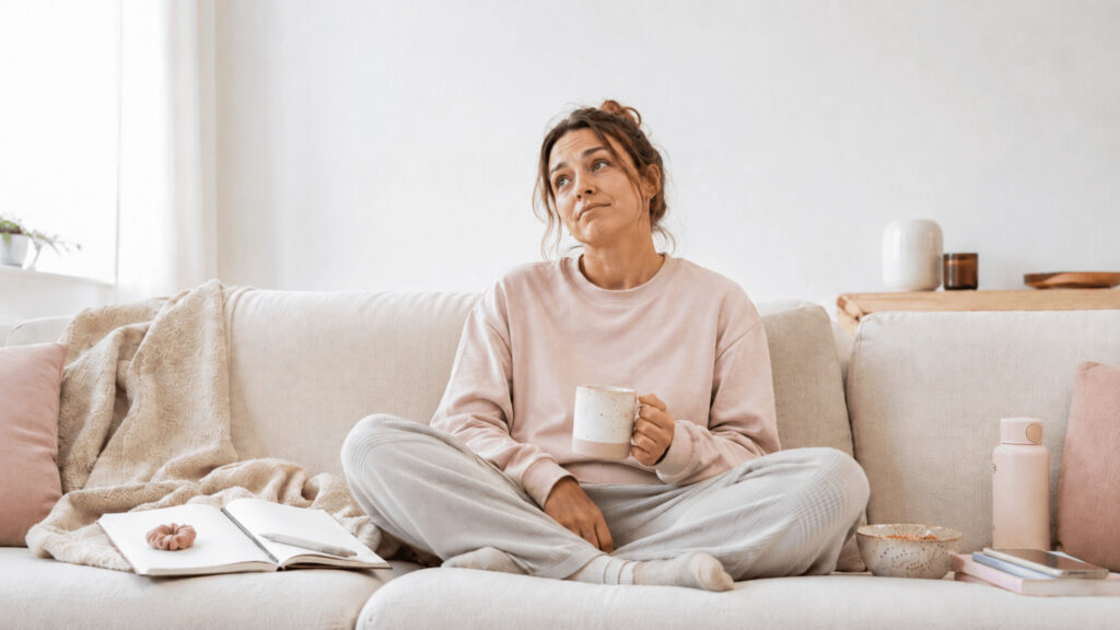 Ständig müde trotz gesunder Ernährung: Frau erschöpft auf dem Sofa – Müdigkeit bei Frauen, Energie, Nährstoffe und Ernährung im Alltag