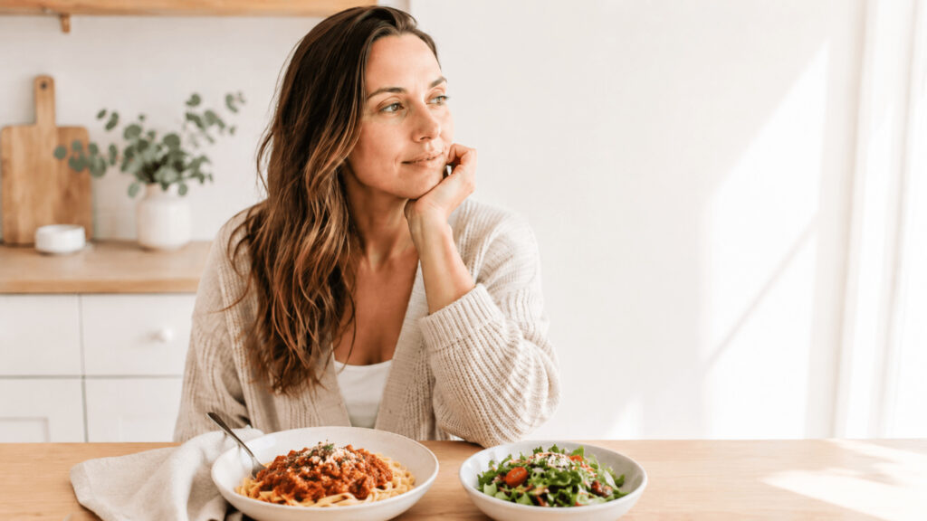 Frau bei einer pflanzlichen Mahlzeit mit Pasta, Sojabolognese und Salat als Beispiel für Lutealphase Ernährung und zyklusbasierte Ernährung für Frauen.