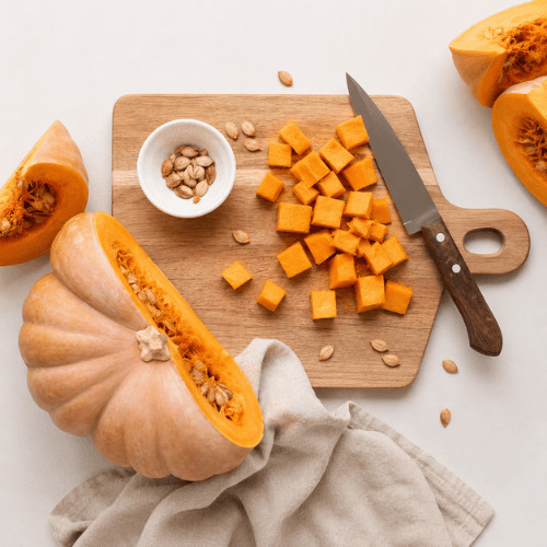 Kürbis auf einem Holzbrett mit gewürfeltem Fruchtfleisch und Kürbiskernen auf hellem Hintergrund – herbstliche Zutaten für saisonale Gerichte.