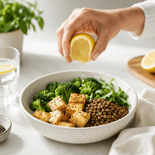 Hand presst frische Zitrone über eine pflanzliche Bowl mit Tofu, Brokkoli und Linsen – eisenreiche Lebensmittel mit Vitamin C kombiniert