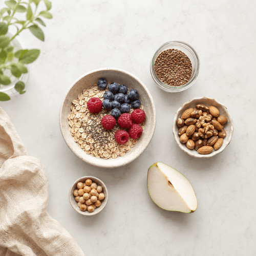 Ballaststoffreiche Lebensmittel mit Haferflocken, Beeren, Nüssen, Samen und Vollkornbrot für eine darmfreundliche Ernährung.