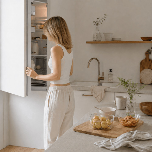 Frau bereitet in einer modernen Küche eine darmfreundliche Meal-Prep-Routine mit Kartoffeln, Gemüse und fermentiertem Kimchi vor.