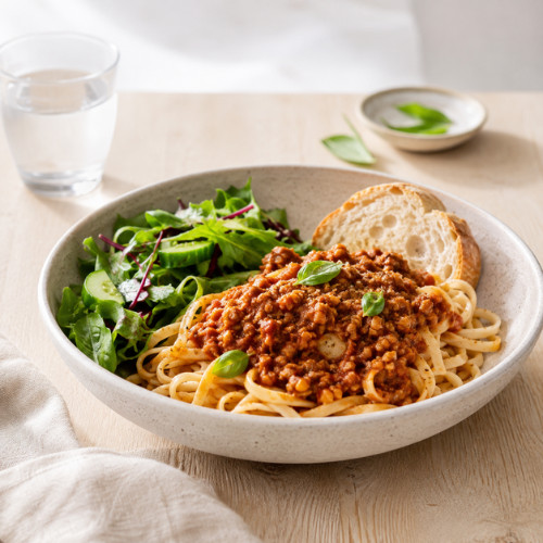 Pasta mit Sojabolognese, Salat und Brot als Beispiel für Lutealphase Ernährung, pflanzliche Ernährung und sättigende Kohlenhydrate im Zyklus.