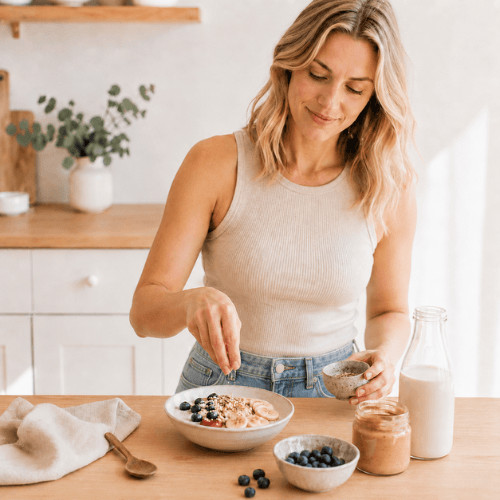Blonde Frau bereitet in der Küche ein pflanzliches Frühstück mit Beeren, Banane, Nüssen, Samen und Nussmus für die Lutealphase zu.