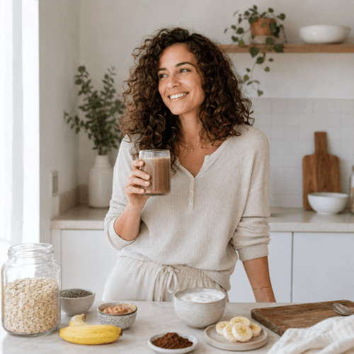 Fröhliche Frau mit dunklen Locken hält in einer hellen, modernen Küche einen schokoladigen Zyklus-Smoothie in der Hand. Auf der Arbeitsfläche liegen Banane, Haferflocken, Kakao, Nussmus und weitere Zutaten.